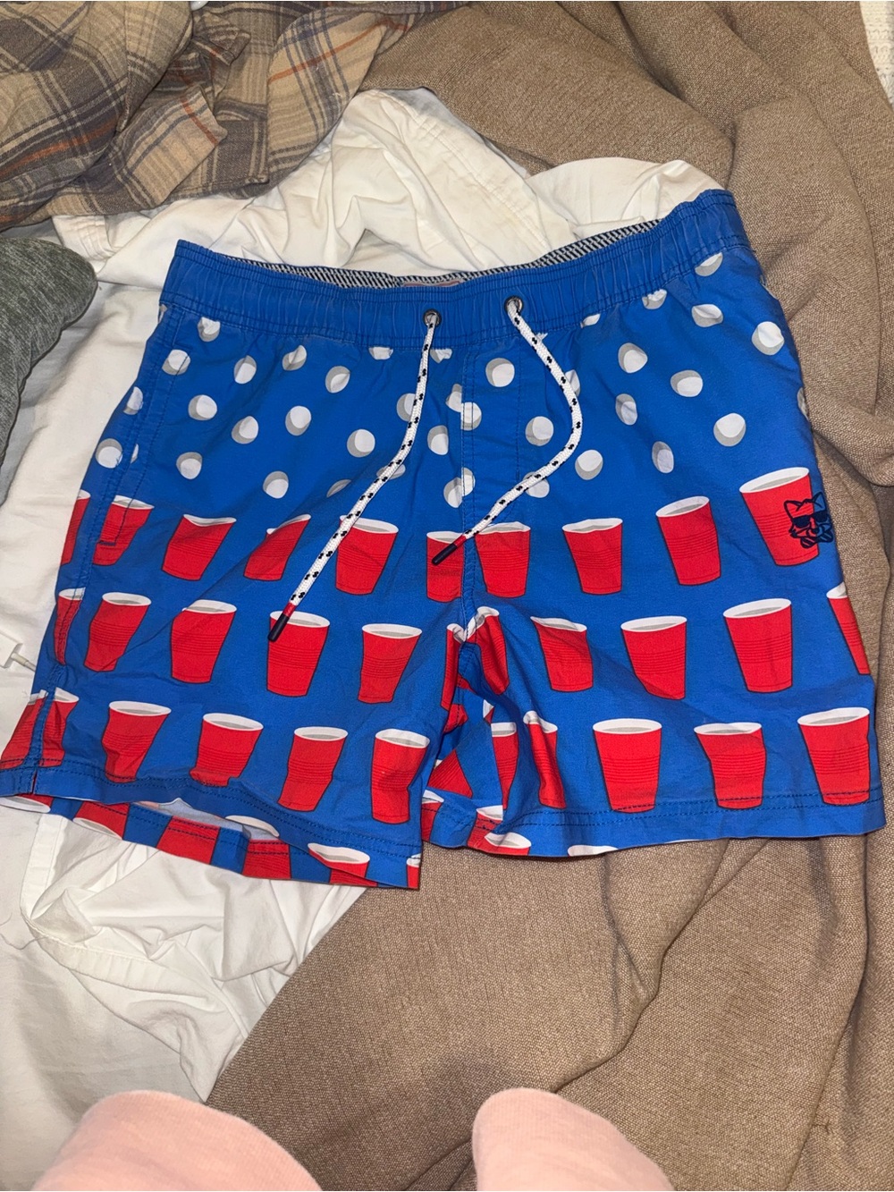 Blue Men's Hybrid Swim Shorts with Red Cup Print